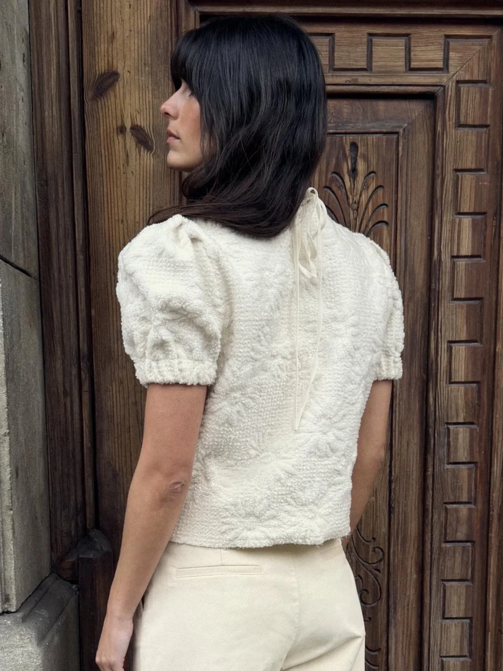 Zara Cream Textured Puff-Sleeve Blouse